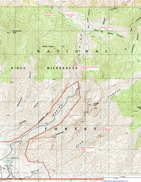 Topographic Map of Sabino Canyon Recreation Area, Arizona