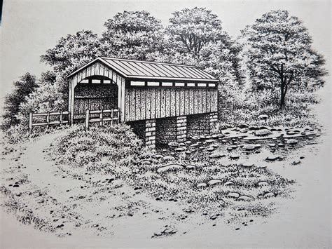 Covered Bridge | Covered bridges, Barn drawings, Bridge drawing