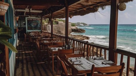 Premium AI Image | a restaurant with a view of the ocean.