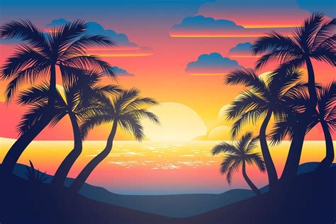 Colorful sunset and palm silhouettes poster - Download Free Vectors ...