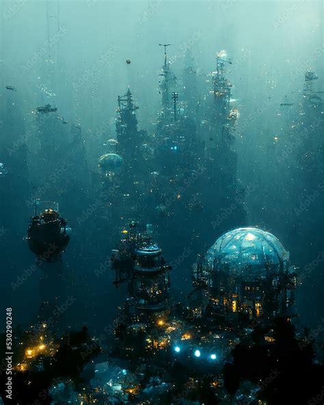 Alien Underwater Base in Sea Abyss Sci-Fi Art Illustration. Buildings ...