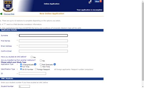 UWC Online Application Form 2023 - PDF Download