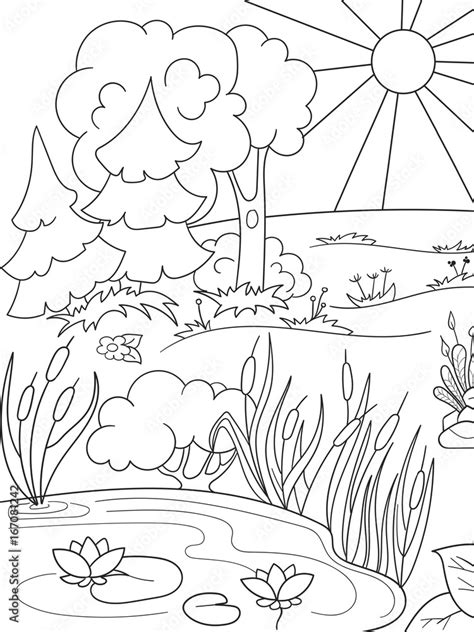 Cartoon coloring book black and white Nature. Glade in the forest with ...