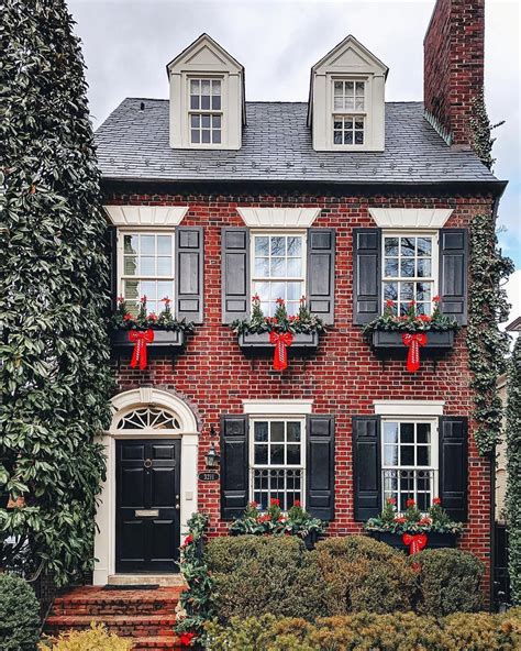 Red Brick House With Black Shutters, black shutters and door with dark ...