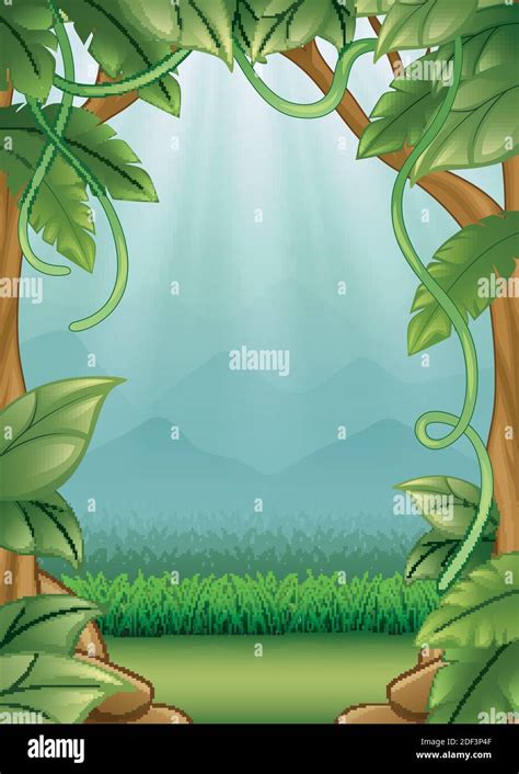 Vector illustration of Jungle background with vines and mountains Stock ...