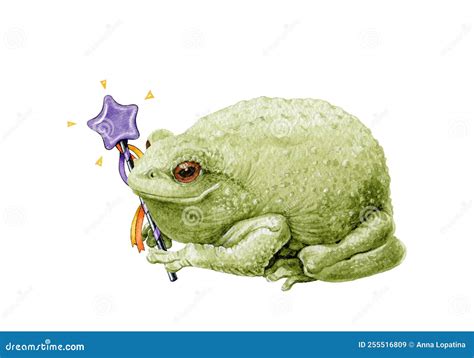 Funny Green Toad with Magic Wand. Watercolor Illustration. Hand Drawn ...