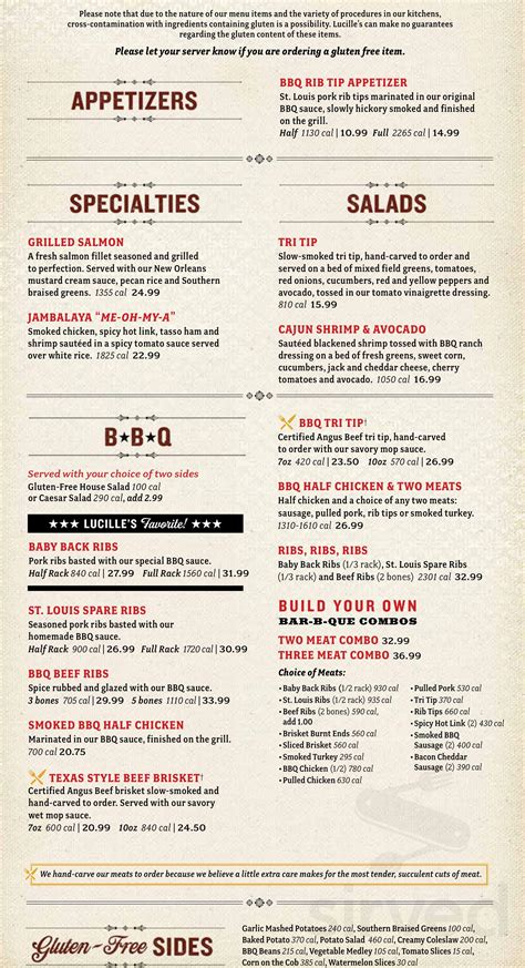 Lucille's Smokehouse Bar-B-Que menu in Brea, California, USA