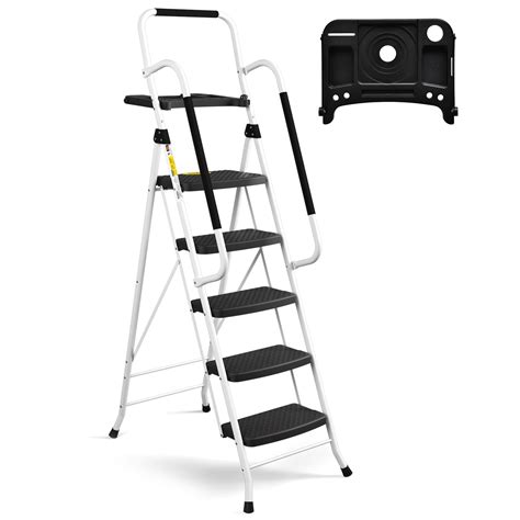 5 Step Ladder with Handrails, SocTone Folding Step Stool with Tool ...