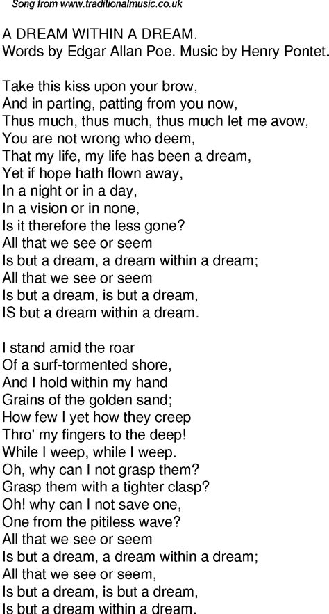 Old Time Song Lyrics for 34 A Dream Within A Dream | Lyrics, Songs, Poems