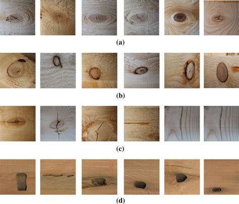 Typical surface defect images of sawn timber. a Sound knot defects, b ...