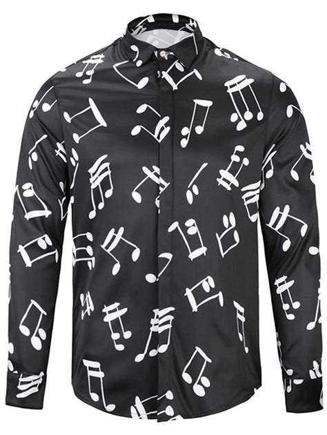 [17% OFF] 2021 Musical Note Print Long Sleeve Shirt In BLACK | DressLily