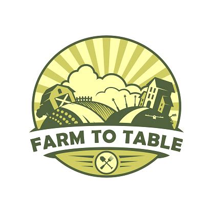 Farm To Table Eco Style Emblem With Farmhouse Field And Buildings Stock ...