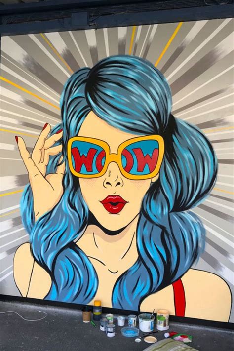 a painting of a woman with blue hair and yellow sunglasses holding her ...