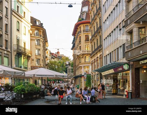 Geneva, Switzerland - August 30, 2016: People at Place Longemalle ...