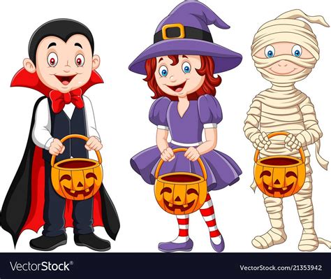 Cartoon kids with Halloween costume holding pumpkin basket. Download a ...