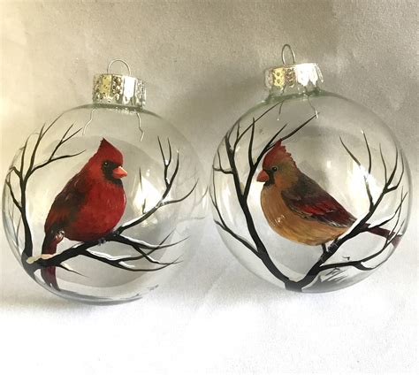 Cardinal Ornament Set of Two Male Female Red Bird Winter