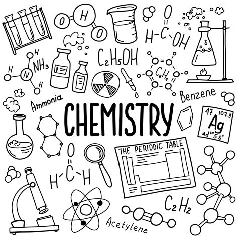 Chemistry symbols icon set. Science subject doodle design. Education ...