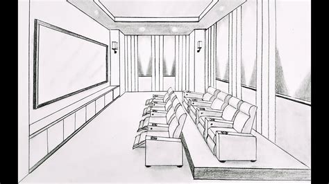 How to draw a room in one point perspective, home theatre - YouTube