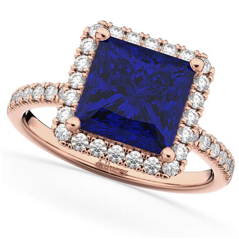 Princess Cut Halo Blue Sapphire & Diamond Engagement Ring 14K Rose Gold ...