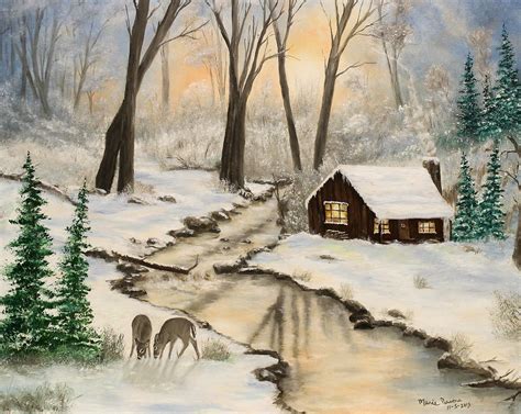 Cabin in Snow Landscape Original Oil Painting 16in x 20in