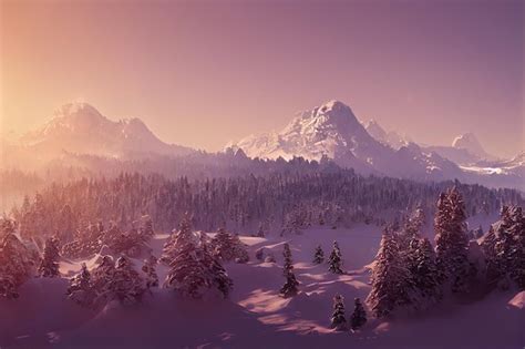 Premium Photo | Majestic snowy mountains and winter forest at sunset 3d ...