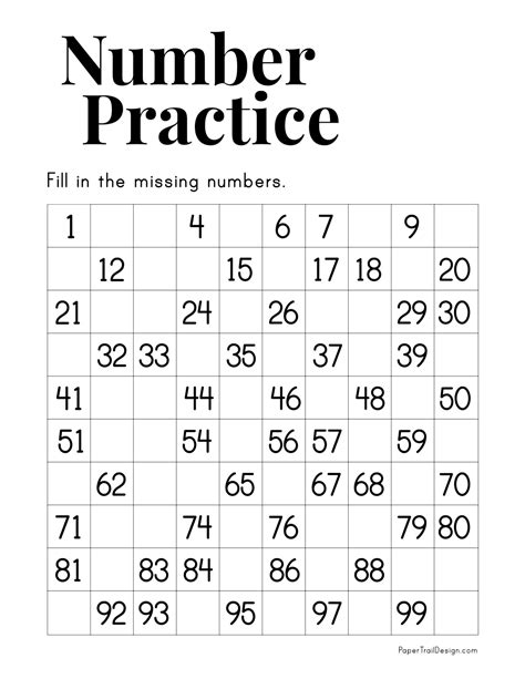 Missing Numbers Worksheet 1-100 - Paper Trail Design