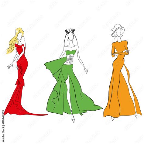 Vector fashion line sketch. Set of vector icons. Models walking on ...