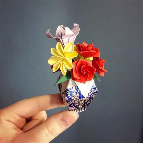 Miniature origami flower bouquet, folded by me. Traditional models ...