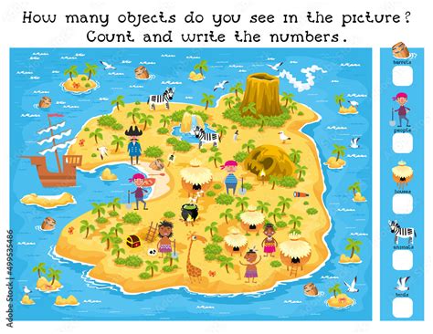 How much game for kids. Island map with sea and palm trees, treasures ...