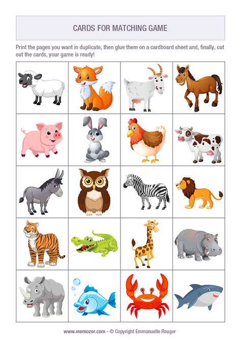 Printable Matching game Animals + 60 cards to cut out | Memozor