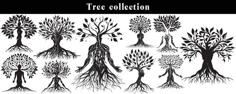 set of silhouettes of trees. black and white tree vector set. tree ...