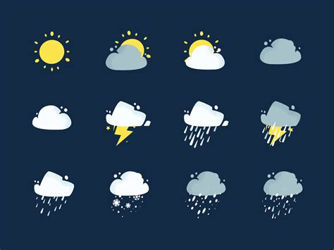 Weather conditions icon set on dark blue background, best for animation ...