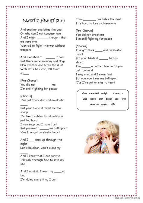 Lyrics Sia Elastic heart: English ESL worksheets pdf & doc