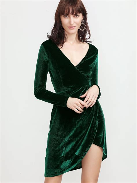 Shop Dark Green V Neck Wrap Velvet Dress online. SheIn offers Dark ...