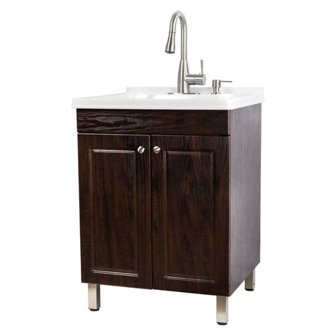 Utility Sink Brown Laundry Cabinet with High Arc Stainless Steel Faucet ...