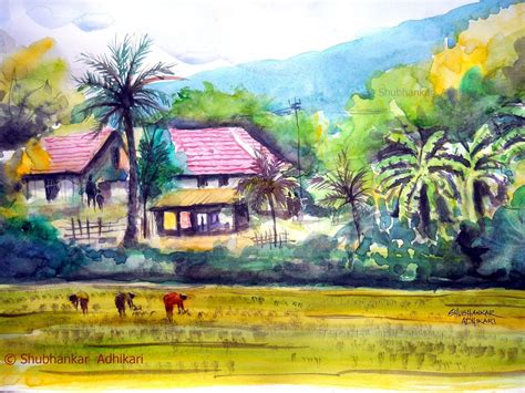 Shubhankar Adhikari Fine Art: A village scene in watercolor