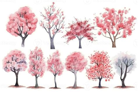 Cherry Blossom Watercolor Collection HandDrawn Trees Set Generative AI ...