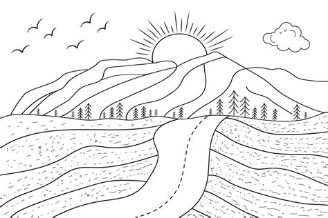 hand-drawn line art landscape mountain view, with sun and clouds, under ...