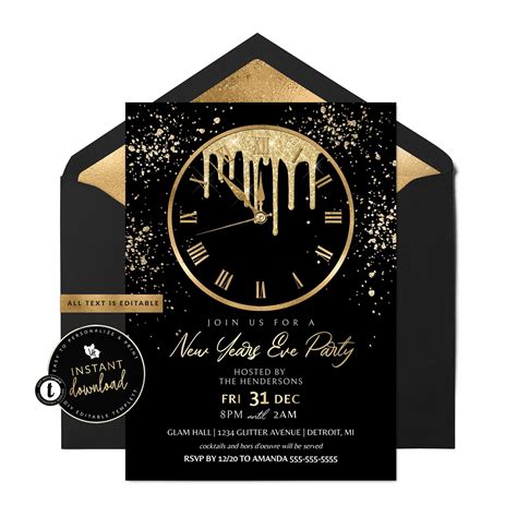 New Year's Eve Party Invitation Gold NYE Clock | Etsy