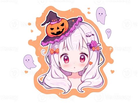 anime girl with a halloween hat and a pumpkin on her head. generative ...