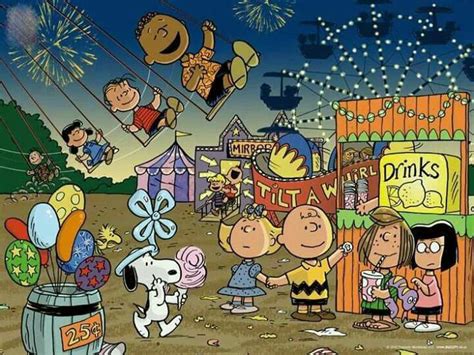 the peanuts gang at an amusement park with balloons and fireworks in ...