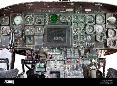 worn instrument panel in cockpit of US Marine Corps Huey helicopter ...