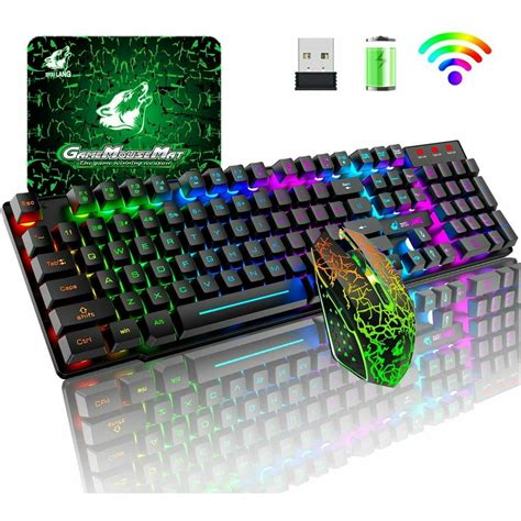 Wireless Gaming Keyboard and Mouse Combo with Mouse Pad, Rainbow LED ...