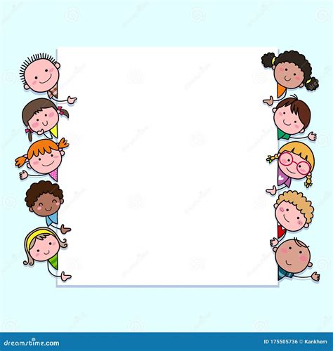 Hand-drawn Cartoon Kids Looking at Blank Sign with Copy Space ...