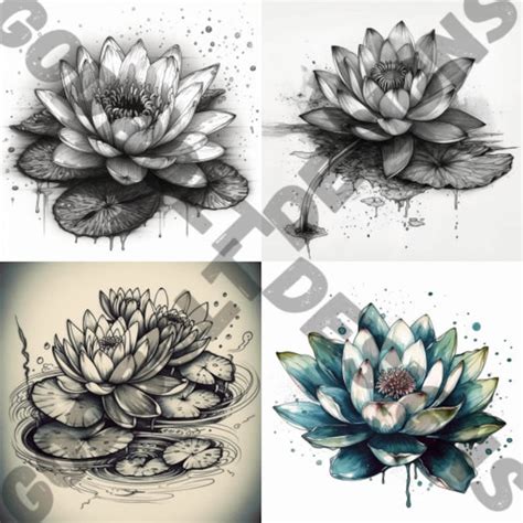 Water Lily Tattoo Design Pack 4 PSD and PNG Files Perfect for Artists ...