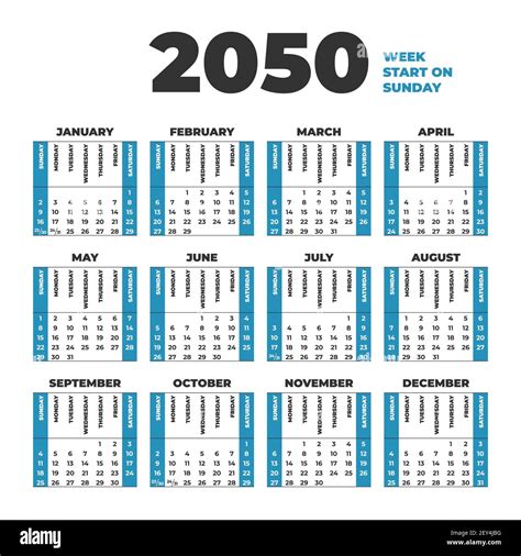 2050 Calendar template with weeks start on Sunday Stock Vector Image ...