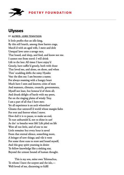 Ulysses by Alfred, Lord Tennyson Poetry Foundation - Ulysses BY A L FRE ...