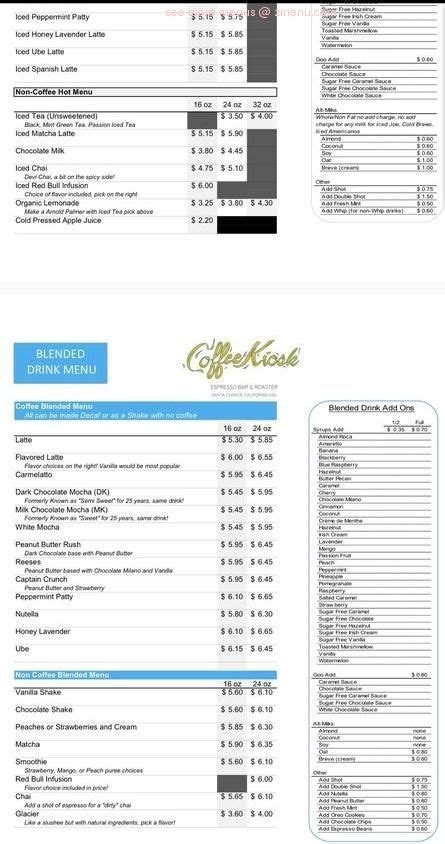 Menu at Coffee Kiosk cafe, Santa Clarita, Lyons Ave