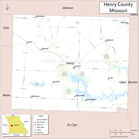 Map of Henry County, Missouri showing cities, highways & important ...