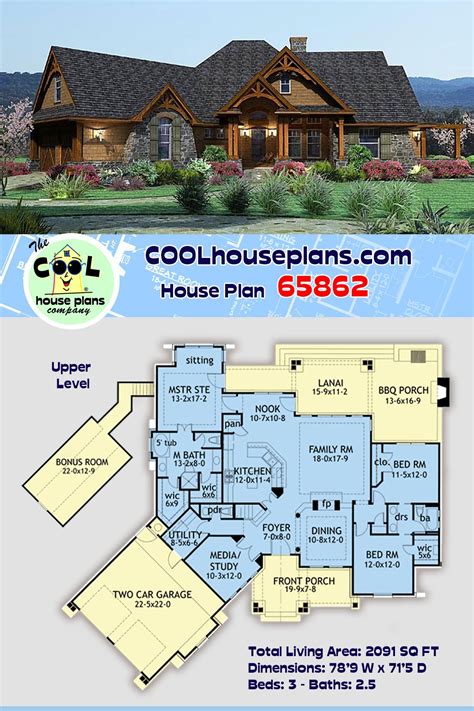 House Plan 65862 - Tuscan Style with 2091 Sq Ft, 3 Bed, 2 Bath, 1